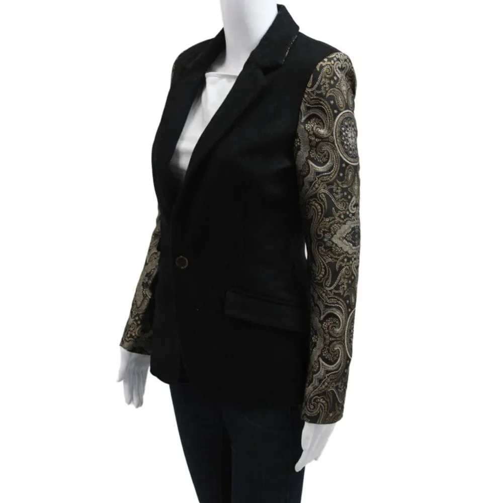 Laveer Women Black Paisley Wool Blazer Collared Button Long Sleeve Size 2